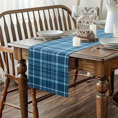 Chemin de table à carreaux bleus vintage, Décor de table à manger pour la maison, Nappe style minimaliste pour salon et table basse 40x140cm