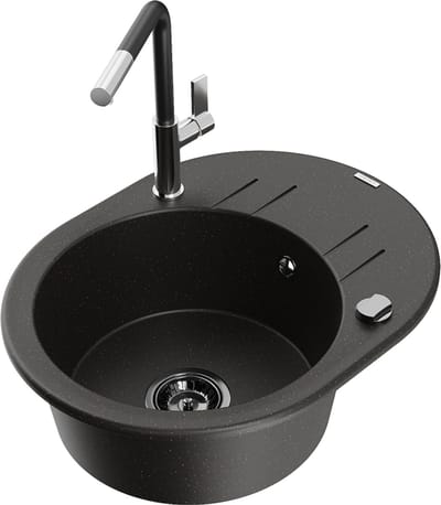 Mexen Kevin granitische spoelbak met 1 bak, afdruiprek en keukenkraan Flora, zwart/goud metallic - 6517-75-670401-07-B