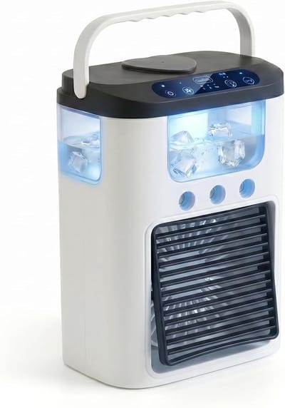 Draagbare airconditioner met ventilator, 3 snelheden en 3 nevelstanden, persoonlijke luchtkoeler, 600 ml reservoir, tafelventilator met RGB-verlichting, oplaadbare mini-airco