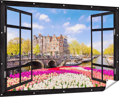 Gards Tuinposter Doorkijk Amsterdamse Huisjes aan de Grachten - 180x120 cm - Tuindoek - Tuindecoratie - Wanddecoratie buiten - Tuinschilderij