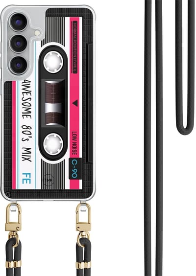 Telefoonhoesje met koord geschikt voor Samsung S25 FE - Cassette - Inclusief Zwart koord - Transparant, Zwart - Print - Crossbody beschermhoes - Met Telefoonketting