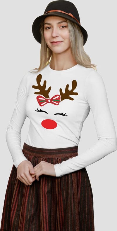 Starry Indigo - Dames T-shirt Rudolph Reindeer Outfit / Foute Kerstkleding / Ugly Christmas Familie Bijpassende Outfit | Glitter | Lange Mouw | Wit | Maat XL