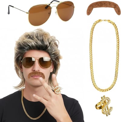 Carnaval kostuum voor mannen met 5-delig set en vokuhila pruik, 70s outfit en accessoires voor feestelijke gelegenheden