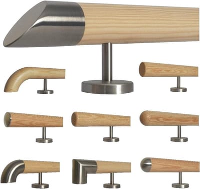 Houten trapleuning - Handgreep binnen - Veilig traplopen - Schuin roestvrij staal - 150 cm lengte - Naturel hout