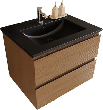 LOMAZOO Badkamermeubel Warm Eiken 60 cm cm [MARENZA] - Wastafelonderkasten - Wastafel Zwart - Wastafel Keramiek - Badkamerkast Zwevend