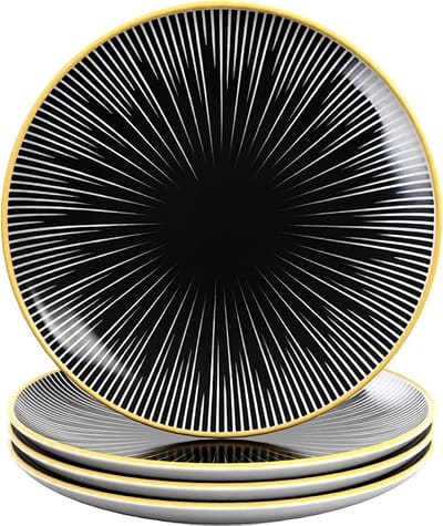 Intirilife 4x Porseleinen Bord Gestreept Patroon - Zwart Wit - Diameter 15.3 cm - Ontbijtbord Dessertbord Serveerbord voor salade Fruit Pasta Dessert Hoofdgerecht en snacks