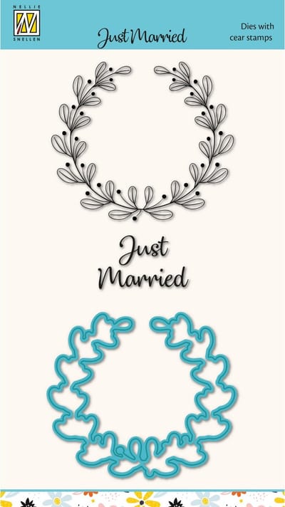 HDCS045 Nellie Snellen Cutting Die & Clear Stamp - Just Married - snijmal + stempel krans trouwen - huwelijk