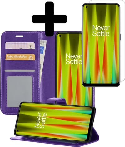 Hoesje - Met Screenprotector - Geschikt voor OnePlus Nord CE 2 - Luxe Pasjeshouder - Bookcase Portemonee - Flip Case - Kunstleer Book Case - Flipcase - Book Cover - Walletcase - Portemonneehoes - Telefoonhoesjes - Paars
