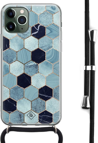 Casimoda® hoesje met koord - Geschikt voor iPhone 11 Pro Max - Blue Cubes - Afneembaar koord - Siliconen/TPU - Blauw