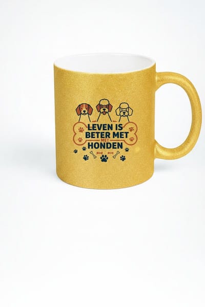 “Leven Is Beter Met Honden” 330ml Gouden Glitter Koffiemok – Schattig Hondenliefhebber Design – Perfect Cadeau voor Baasjes & Dierenliefhebbers