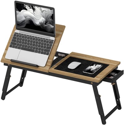 Laptoptafel-In hoogte verstelbare bed-/laptoptafel met lade-inklapbaar voor gebruik op de bank of in bed-eiken