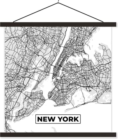 Posterhanger incl. Poster 60x60 cm - Schoolplaat - New York - Stadskaart - Zwart Wit - Plattegrond - Kaart - Textielposter - Zwarte latten - Stadskaart