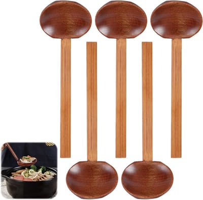 Set van 5 Grote Houten Lepels van 22 cm - Natuurlijke Houten Soeplepels voor Ramen, Porridge en Hot Pot Gerechten
