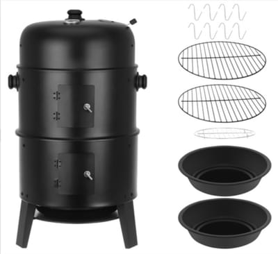 MOZY® - 3 in 1 Rook- en Grilloven met Hoes - met Thermometer - Inclusief Accessoires - Barbecue - Grillen - Verticale Rookoven - Houtskoolbarbecue - BBQ Vat - Barbecuen