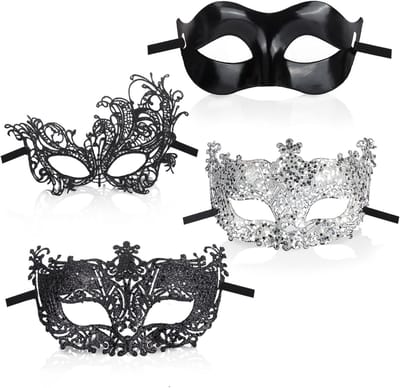 Masquerade Masker Set 4 Stuks - Zwart en Zilver Filigree, Zwarte Kant, Venetiaanse Stijl voor Feestjes en Kostuums voor Mannen en Vrouwen