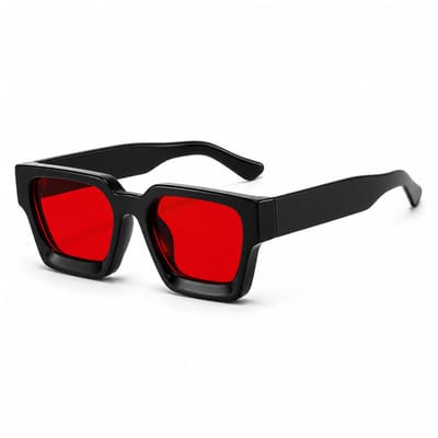 MoodLux Zonnebril Zwart - Unisex - Rechthoekig Montuur met Rode Glazen - Retro Festivalbril - UV400 Bescherming