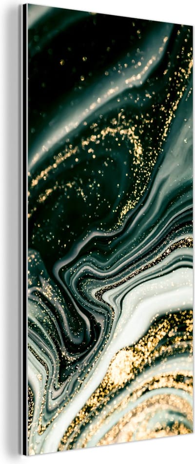 Wanddecoratie Metaal - Aluminium Schilderij Industrieel - Marmerlook - Goud - Groen - Glitter - Design - Marmer - 80x160 cm - Dibond - Foto op aluminium - Industriële muurdecoratie - Voor de woonkamer/slaapkamer