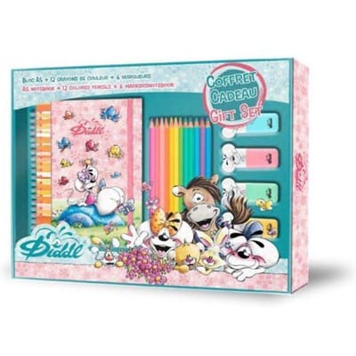 Diddl - geschenk set 19 stuks - A5 notaboek - 12 kleurpotloden - 6 markeerstiften - Diddl Diddlina en Pimboli