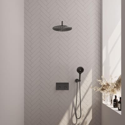 Brauer Gunmetal Carving Thermostatische Regendoucheset Inbouw - Hoofddouche 30 cm - Gebogen Wandarm - Met Drukknoppen - Handdouche 3 Standen - Doucheslang - Wandaansluitbocht - Gunmetal