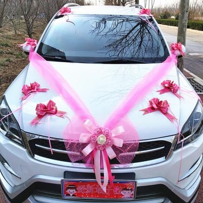 Décoration de voiture de mariage, ensemble de fleurs, couverture de poignée de porte, rubans, guirlande de fleurs en soie avec tulle, accessoire rose, décoration de mariage