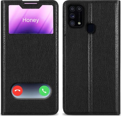 Cadorabo Hoesje geschikt voor Samsung Galaxy M31 in KOMEET ZWART - Beschermhoes met magnetische sluiting, standfunctie en 2 kijkvensters Book Case Cover Etui