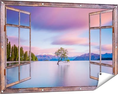 Gards Tuinposter Doorkijk Wanaka Boom in het Water bij Zonsopgang - 120x80 cm - Tuindoek - Tuindecoratie - Wanddecoratie buiten - Tuinschilderij