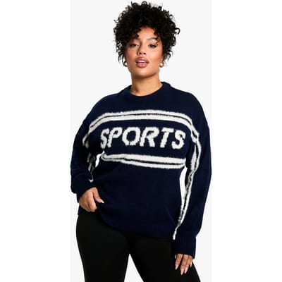 boohoo Dames Plus Sports Gebreide Trui met Ronde Hals | Marineblauw | Maat: 20/22