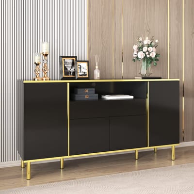 MIVRAY Dressoir - Hoogglans Met Ledverlichting En Gouden Details - 4 Deuren En 1 Lade Voor Woonkamer - MDF - 150x40x80 Cm - Zwart