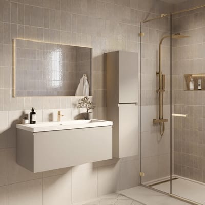 LOMAZOO Badmeubelset Greige 100 cm - Wastafel Wit - Badkamermeubel set Beige Grijs - Wastafelmeubel - Badkamerkast hoog [SORRENTO]