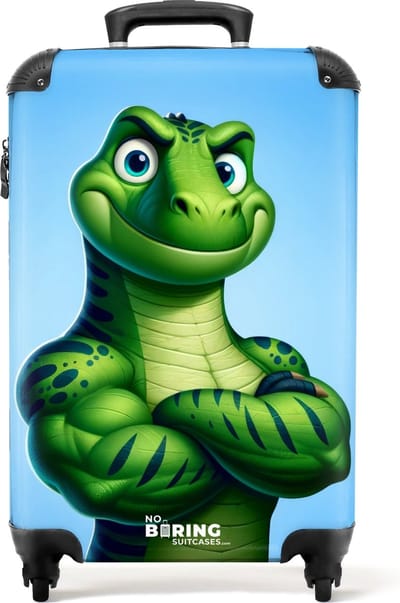 NoBoringSuitcases.com® - Kinderkoffer jongen - Groene dino - Kindertrolley jongens - Handbagage koffer lichtgewicht - Reiskoffer trolley kinderen - Rolkoffer met wieltjes - Past binnen 55x40x20 en 55x35x25