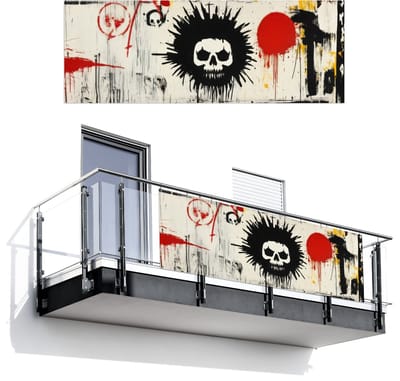 Balkonscherm 300x110 cm - Balkonposter Graffiti - Schedel - Abstract - Rood - Balkon scherm decoratie - Balkonschermen - Balkondoek zonnescherm
