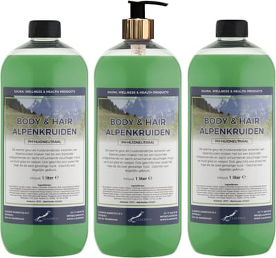 Body & Hair Alpenkruiden 1 liter met gouden pomp - set van 3 stuks - 2 in 1 voor lichaam en haar - voordeelverpakking