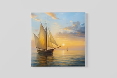 Vierkant Canvas Schilderij Zeilboot Zonsondergang - Zee Landschap - Rustgevende Natuur Kunst - Wanddecoratie - 40 x 40 cm