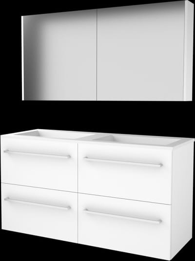 Basic Comfort 46 badmeubelset met spiegelkast, wastafelonderkast met grepen, 4 lades en acryl wastafel zonder kraangaten 120 x 46 cm, ice white