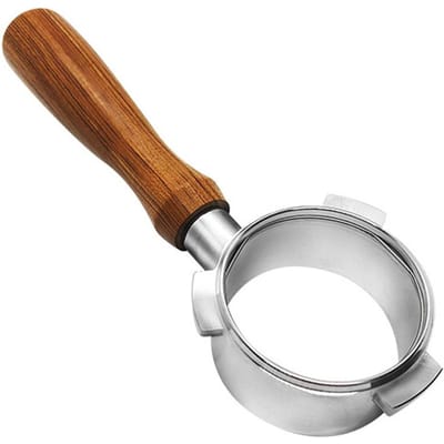Porte-filtre sans fond pour machine à café en acier inoxydable de 54 mm avec poignée en bois multicolore