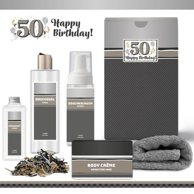 Geschenkset “50 Jaar Happy Birthday!” - 5 producten - 920 gram | Giftset voor hem - Luxe wellness cadeaubox - Cadeau man - Gefeliciteerd - Set Verjaardag - Geschenk jarige - Cadeaupakket vader - Vriend - Broer - Verjaardagscadeau - Zilver