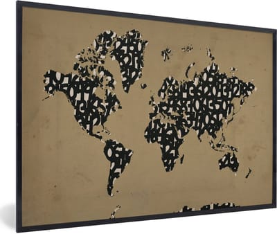 Poster in lijst - Fotolijst 90x60 cm - Posters - Wereldkaart - Cijfers - Bruin - Posterlijst zwart - Decoratie - Wanddecoratie woonkamer - Muurdecoratie slaapkamer