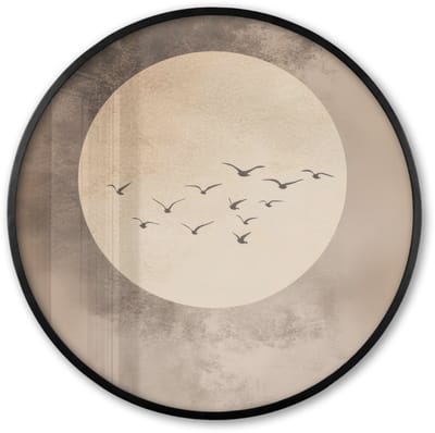 Poster in lijst Rond - Fotolijst 60x60 cm - Posters - Vogel - Beige - Japandi - Ronde posterlijst zwart - Decoratie - Wanddecoratie woonkamer - Muurdecoratie slaapkamer