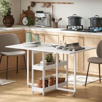 DESMIU Klaptafel - Opklapbare Keukentafel Met 2 Open Vakken - Voor 2 Tot 4 Personen In Kleine Ruimtes - Hout - Wit - 133,4 X 80 X 75 Cm