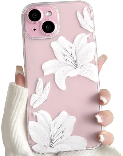 Hoesje voor iPhone 15 Plus Schattige Duidelijk met lelies Bloemen Vlinder voor Vrouwen Meisjes Transparant Slanke Zachte TPU Siliconen Schokbestendig Beschermhoesje - Wit