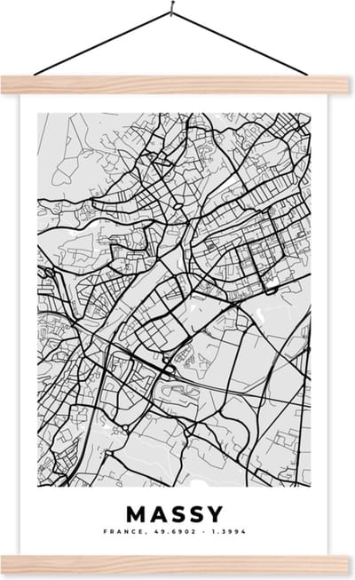 Posterhanger incl. Poster 40x60 cm - Schoolplaat - Plattegrond – Massy – Stadskaart – Kaart – Frankrijk - Textielposter - Blanke latten - Stadskaart