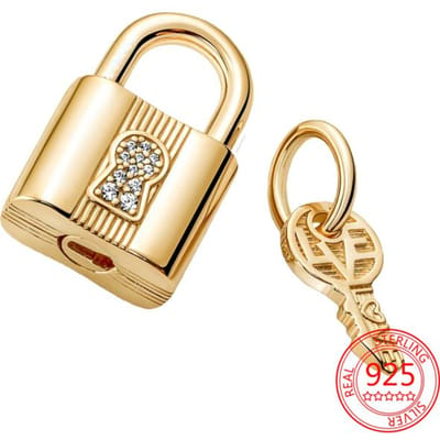 Nieuwe 925 Sterling Zilver Goud Hangende Bedel met Hangslot & Sleutel Past op Originele Zilveren Armband Kralen voor Vrouwen Fijne Sieraden Cadeau beige