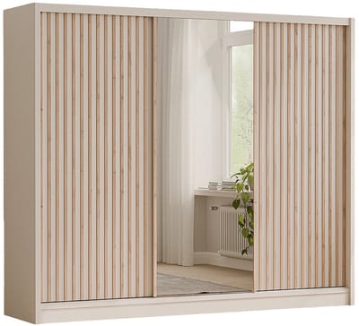 Vente-unique Kledingkast 3 schuifdeuren - Met spiegel - B250 cm - Kleur: Beige en naturel - CALOWI