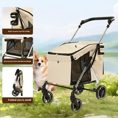 OODBLUE Hondenwagen & Kattenwagen – Opvouwbare Pet Stroller tot 15 kg – Lichtgewicht Aluminium Frame – Met Mesh Ventilatie, Zonnekap & Opbergmand-Beige