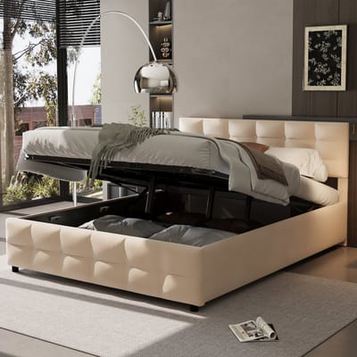 MODFU Bedframe 180x200 cm – Gestoffeerd beige – Kussenvormig hoofdbord – Hydraulische opbergruimte – Incl. lattenbodem
