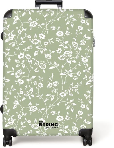 NoBoringSuitcases.com® - Koffer groot - Reiskoffer lichtgewicht - Licht groen met witte bloemen - Rolkoffer met 4 wielen - Grote trolley XL - 98 liter bagage