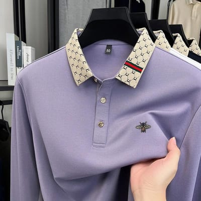 Heren Poloshirt Kraag Wol Lange Mouwen T-shirt Herfst Collectie Bijenprint Ademend Mode Zakelijk Herenkleding XXXL paars