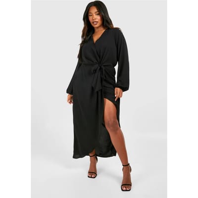 boohoo Dames Plus Gestructureerde Maxi-Jurk met Strikdetail | Black | Maat: 16