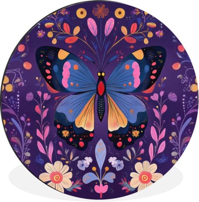 WallCircle - Wandcirkel - Muurcirkel - Sierlijk - Bloemen - Vlinder - Paars - Aluminium - Dibond - 140x140 cm - Binnen en Buiten