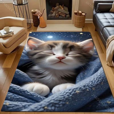 1PC Kitten in Deken Patroon Tapijt voor Slaapkamer Woonkamer Bedzijde Bank Vloermat Modern Huisdecoratie Gebiedskleed Machinewas 40x60cm (16x24in) black